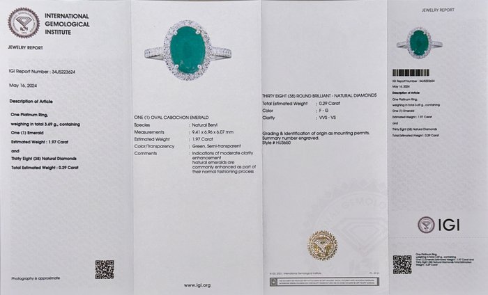 Ingen mindstepris - Ring Platin -  2.26ct. tw. Smaragd - Diamant - Vielsesring