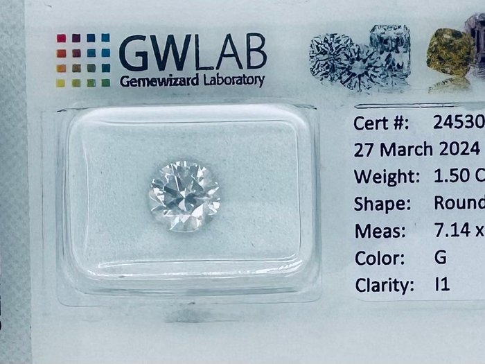 1 pcs Diamant  (Natur)  - 1.50 ct - Rund - G - I1 - Gemewizard Gemological Laboratory (GWLab)