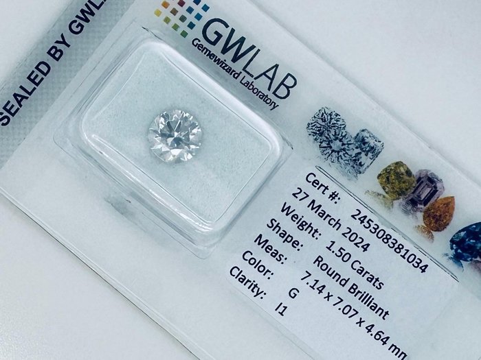 1 pcs Diamant  (Natur)  - 1.50 ct - Rund - G - I1 - Gemewizard Gemological Laboratory (GWLab)