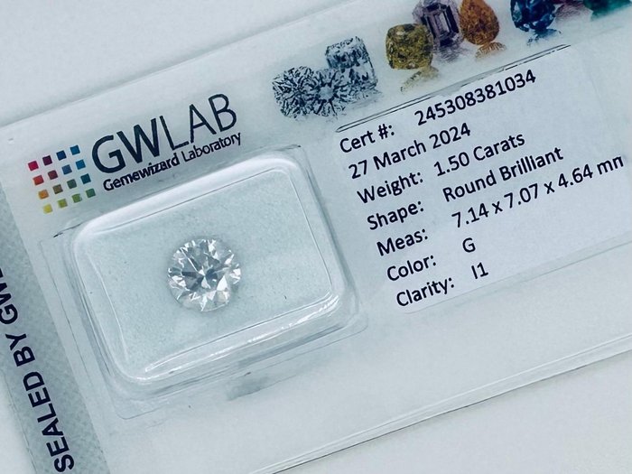 1 pcs Diamant  (Natur)  - 1.50 ct - Rund - G - I1 - Gemewizard Gemological Laboratory (GWLab)