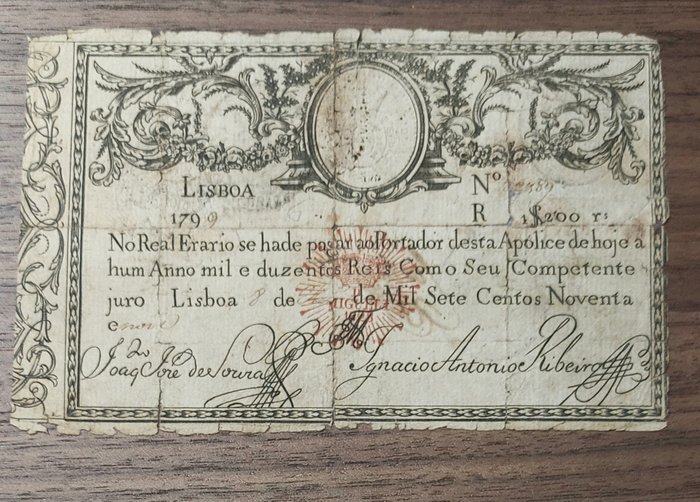 Portugal - 1200 Reis 1799 (old date 1828 - DMiguel I) Scarce note - Pick 32  (Ingen mindstepris)