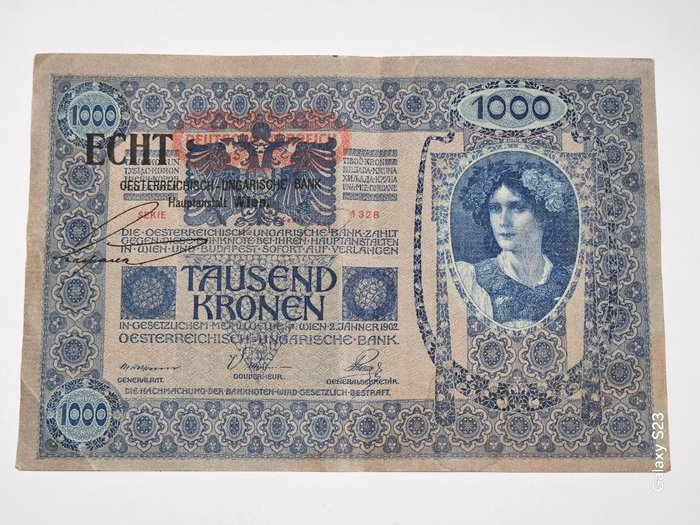 Østrig - 1000 kronen ND (1919 - old date 1902) - Pick 58 - overprint ECHT  (Ingen mindstepris)