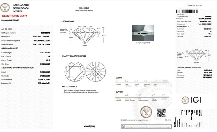 1 pcs Diamant  (Natur)  - 1.68 ct - Rund - G - VS2 - International Gemological Institute (IGI) - Ideel skåret diamant