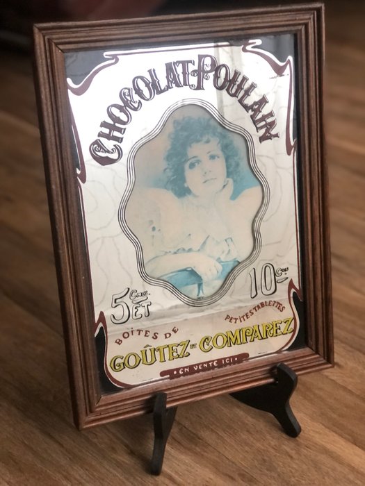 Spejl- Vintage chokolade reklamespejl "Poulain"  - Glas, Træ - Ikonisk