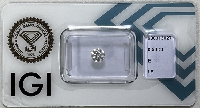 1 pcs Diamant  (Natur)  - 056 ct - Rund - E - IF - International Gemological Institute (IGI)