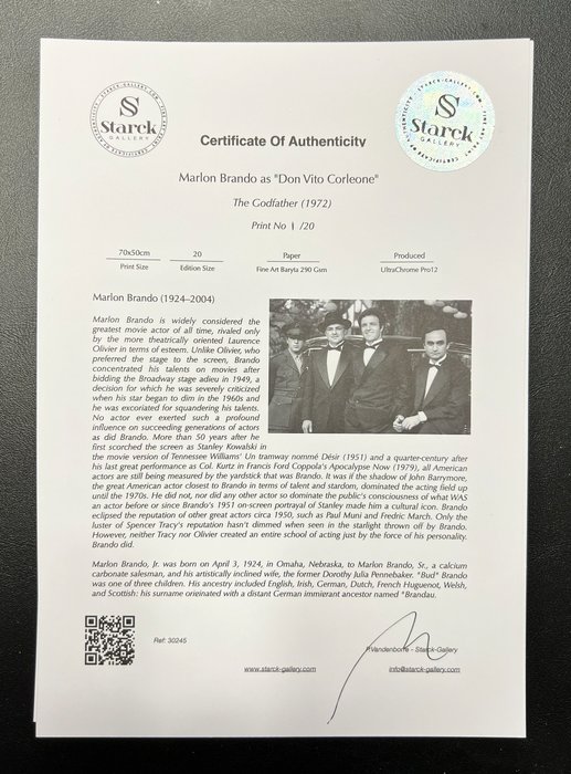 The Godfather - Marlon Brando as "Don Vito Corleone" - Photographie Luxury Wooden Framed 70X50 cm - Limited Edition Nr 04 of 20 - Serial ID 30245 - - Original Certificate (COA) Hologram Logo Editor and QR Code