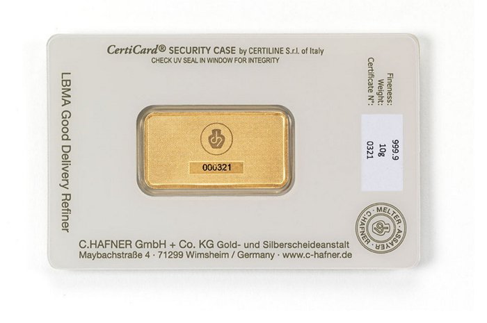 10 gram - Guld 999 - C. Hafner - Deutschland - Goldbarren im Blister CertiCard mit Zertifikat - Forseglet  Med certifikat