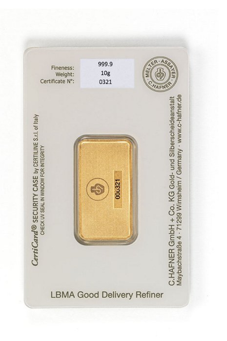 10 gram - Guld 999 - C. Hafner - Deutschland - Goldbarren im Blister CertiCard mit Zertifikat - Forseglet  Med certifikat