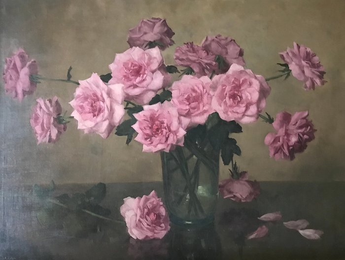 Daniël Been (1885-1967) - Roze rozen in glazen vaas