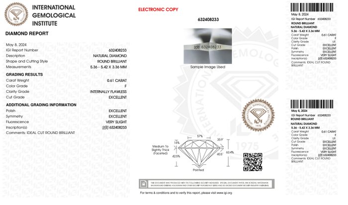 1 pcs Diamant  (Natur)  - 0.61 ct - Rund - F - IF - International Gemological Institute (IGI) - *3EX VSL*