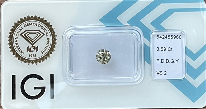 Ingen mindstepris - 1 pcs Diamant  (Natur)  - 0.59 ct - Rund - VS2 - International Gemological Institute (IGI) - F.D.B.G.Y