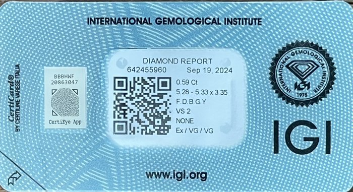 Ingen mindstepris - 1 pcs Diamant  (Natur)  - 0.59 ct - Rund - VS2 - International Gemological Institute (IGI) - F.D.B.G.Y