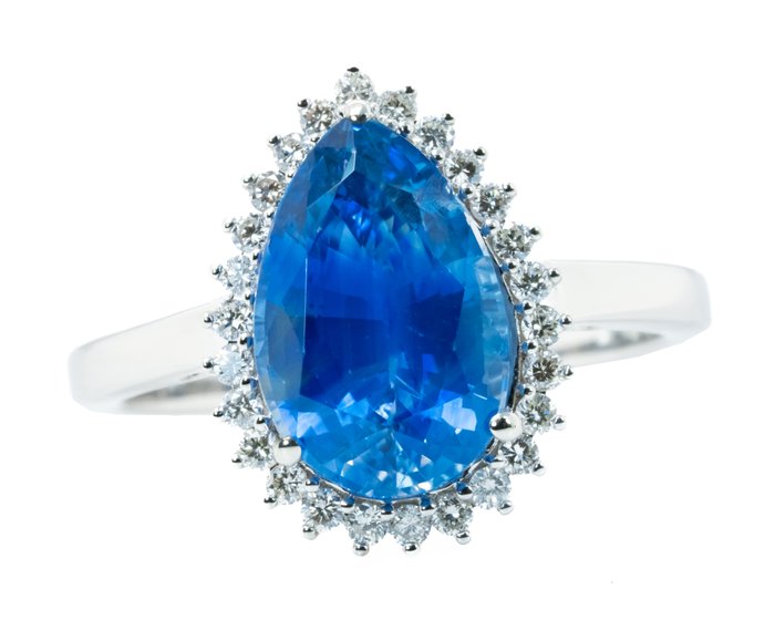 Ring - 18 kraat Hvidguld, 'Cornflower' Blue (Ceylon) -  4.03ct. tw. Safir - Diamant - 0,28ct -SI