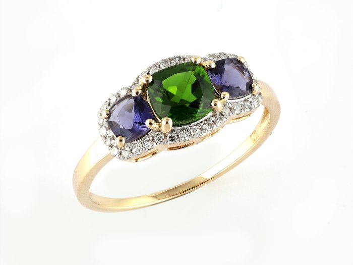 Ring - 14 karat Gulguld -  1.61ct. tw. Cordierit - Diamant