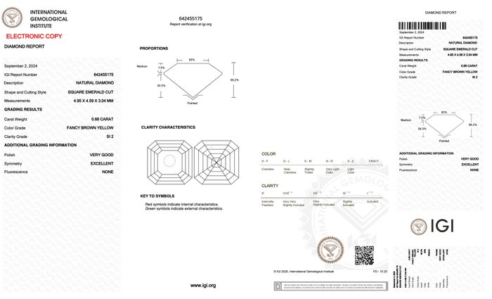 Ingen mindstepris - 1 pcs Diamant  (Naturfarvet)  - 0.66 ct - Smaragd - Fancy Brun Gul - SI2 - International Gemological Institute (IGI)