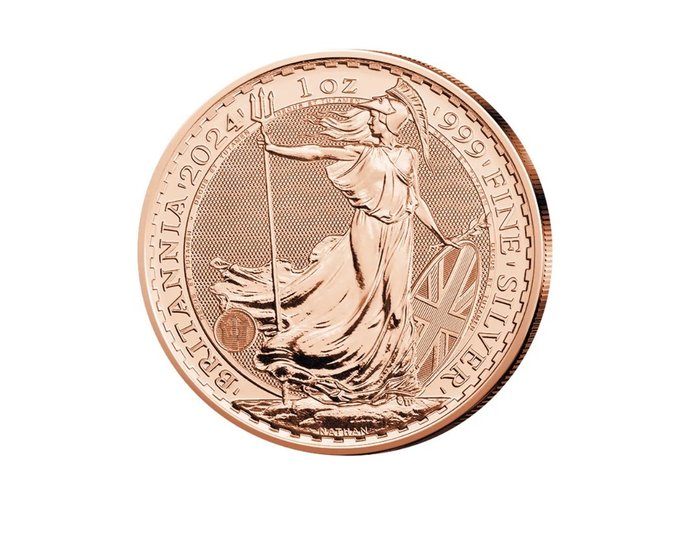 Storbritannien. 2 Pounds 2024 Britannia, mit Rotgold veredelt, 1 Oz (.999)  (Ingen mindstepris)