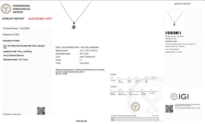 Ingen mindstepris - Halskæde med vedhæng - 14 karat Hvidguld -  0.61ct. tw. Diamant (Natur) - IGI