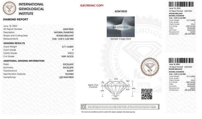 1 pcs Diamant  (Natur)  - 071 ct - Rund - F - VVS2 - International Gemological Institute (IGI)