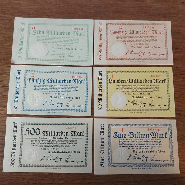 Tyskland Reichsbahn Kassel - 10 Milliarden bis 1 Billion Mark (11 Banknoten) 1923  (Ingen mindstepris)