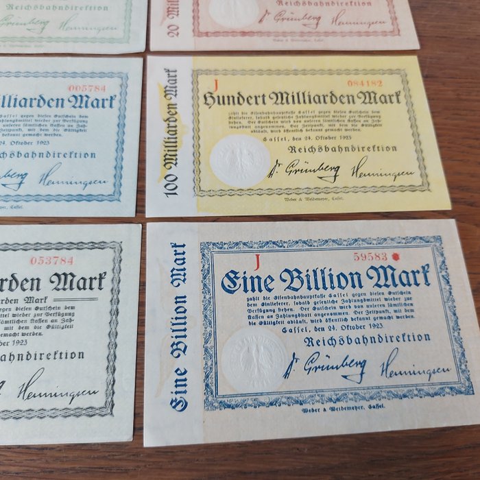 Tyskland Reichsbahn Kassel - 10 Milliarden bis 1 Billion Mark (11 Banknoten) 1923  (Ingen mindstepris)