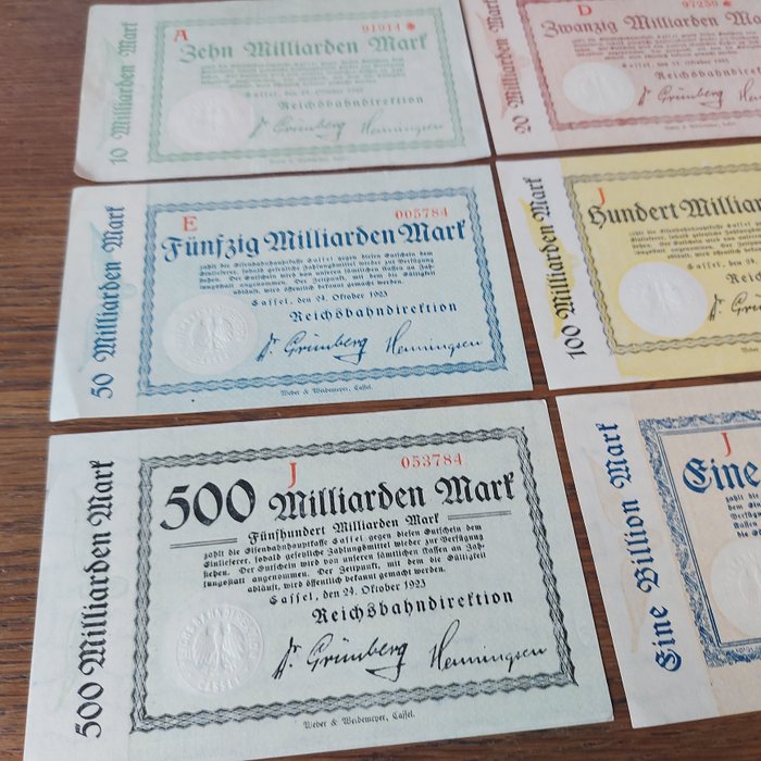 Tyskland Reichsbahn Kassel - 10 Milliarden bis 1 Billion Mark (11 Banknoten) 1923  (Ingen mindstepris)