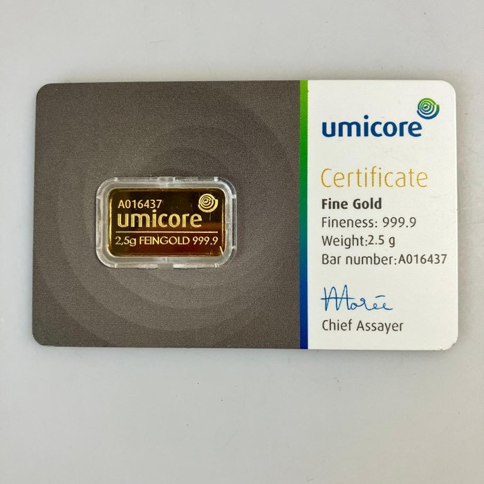 2,5 gram - Guld 999 - Umicore - Forseglet  Med certifikat