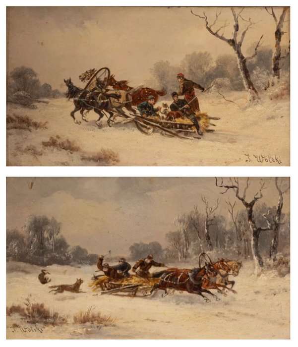 J. Wolski (XIX) - A Pair Of Winter Carriage Scenes