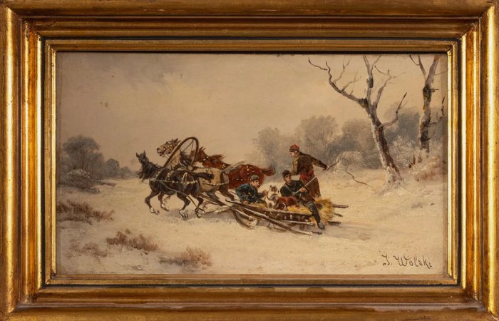 J. Wolski (XIX) - A Pair Of Winter Carriage Scenes