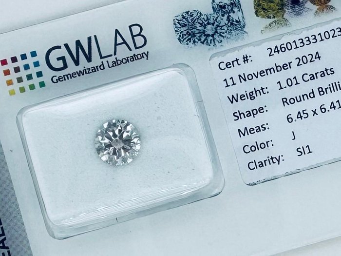 Ingen mindstepris - 1 pcs Diamant  (Natur)  - 1.01 ct - Rund - J - SI1 - Gemewizard Gemological Laboratory (GWLab)