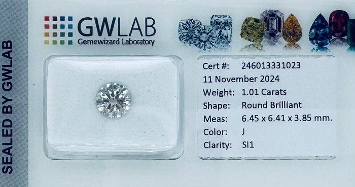 Ingen mindstepris - 1 pcs Diamant  (Natur)  - 1.01 ct - Rund - J - SI1 - Gemewizard Gemological Laboratory (GWLab)