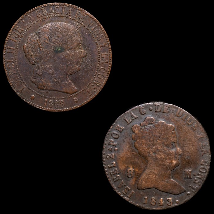 Spanien. Isabel II (1833-1868). Lote de 2 monedas 1868 y 1843-Barcelona  (Ingen mindstepris)