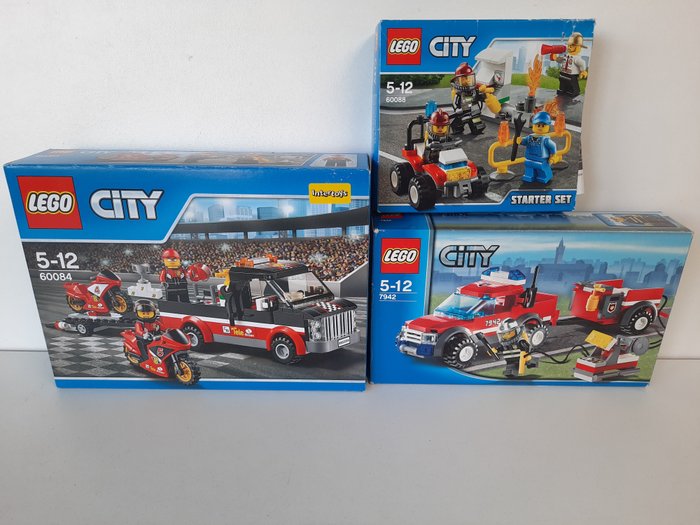 Lego - City - 60084+60088+7942 - Racemotor Transport + Brandweer + Brandweer Pick-Up Truck