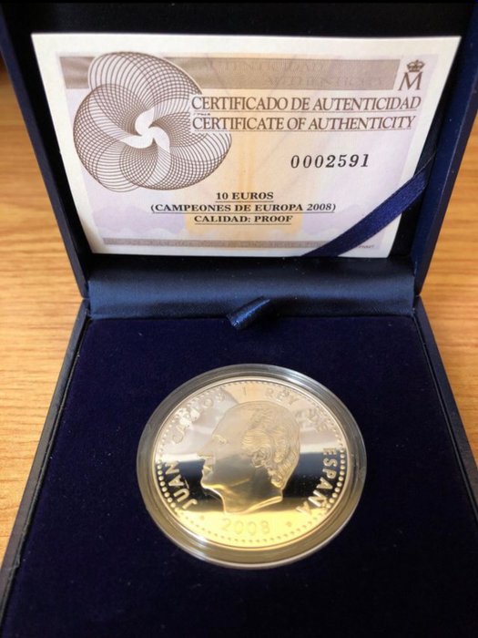 Spanien. 10 Euro 2008 "Campeones de Europa" Proof  (Ingen mindstepris)