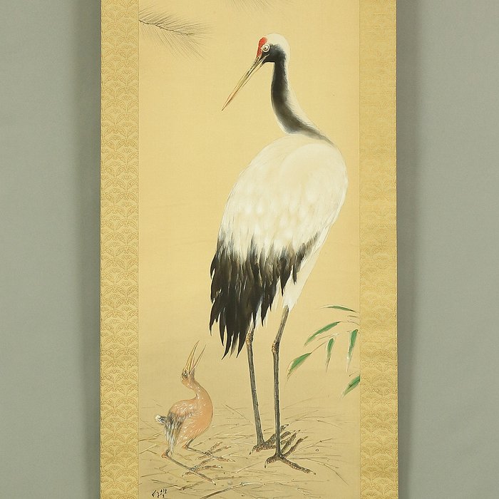 Crane Family and Pine Bamboo with Box - Ooki Toyohira 大木豊平 (1899-1980) - Japan  (Ingen mindstepris)