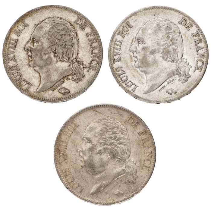 Frankrig. Louis XVIII. 5 Francs 1817/1824 (3 stuks)  (Ingen mindstepris)