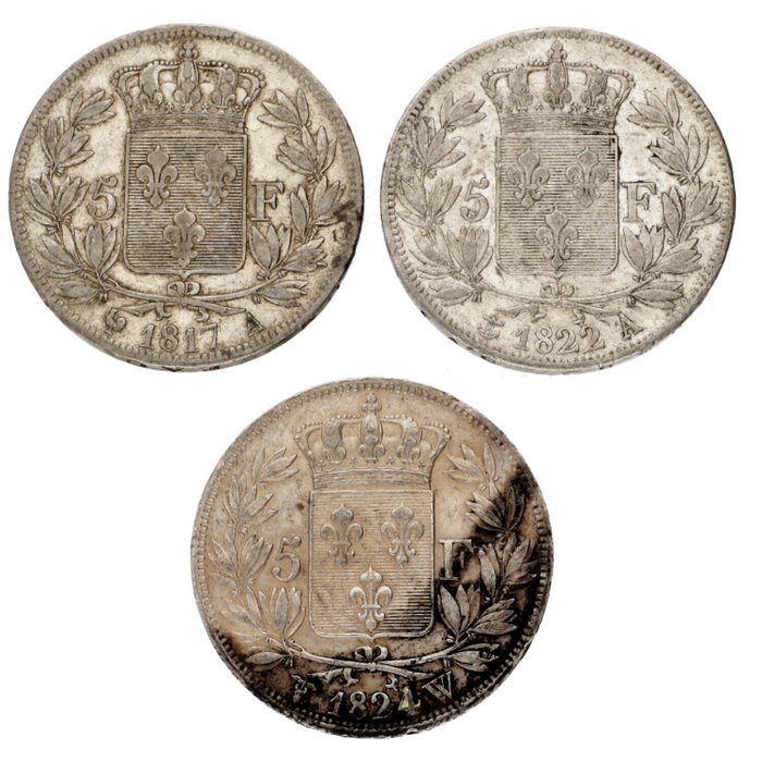 Frankrig. Louis XVIII. 5 Francs 1817/1824 (3 stuks)  (Ingen mindstepris)