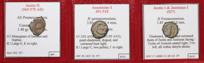 Byzantinske rige. Lot of 3 Coins. Included: Justin I  Justinian I, Anastasius I, Justin II  (Ingen mindstepris)