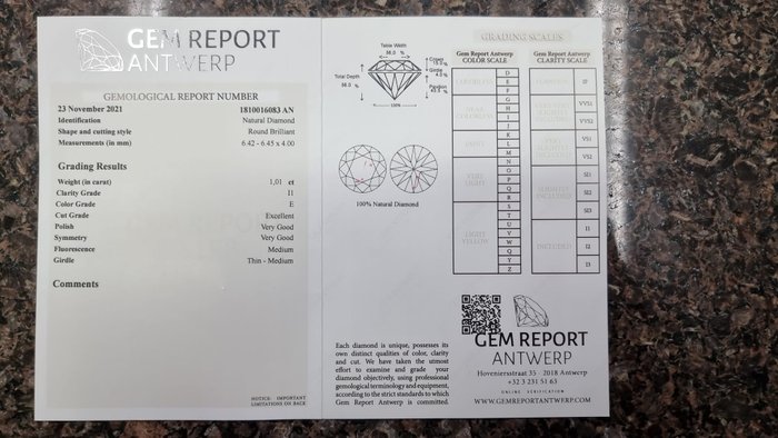 1 pcs Diamant - 1.01 ct - Rund - E - I1