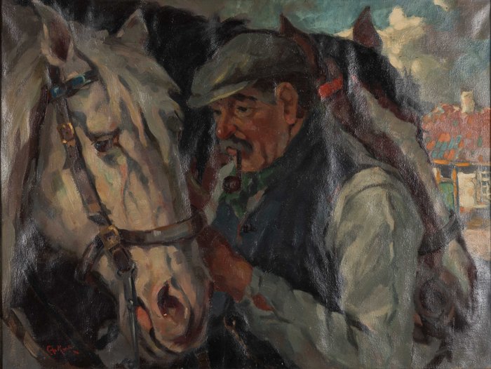 Cornelis de Kort (1910-1996) - Boer en twee paarden