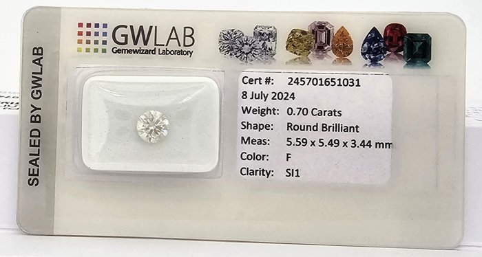 1 pcs Diamant  (Natur)  - 0.70 ct - Rund - F - SI1 - Gemewizard Gemological Laboratory (GWLab)