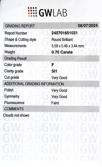 1 pcs Diamant  (Natur)  - 0.70 ct - Rund - F - SI1 - Gemewizard Gemological Laboratory (GWLab)