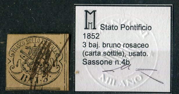 Antikke Italienske Stater - Kirkestaten 1852 - 3 baj i farven "Bruno rosaceo" tyndt papir og med penneannullering. - Sassone 4b.