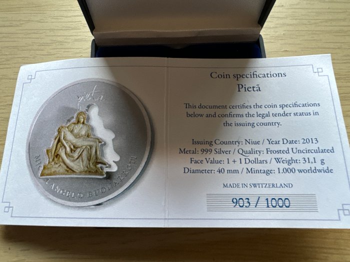 Niue. 1 Dollar 2013 Sculptures Michelangelo's Pieta, 1 Oz (.999) mit COA und BOX  (Ingen mindstepris)