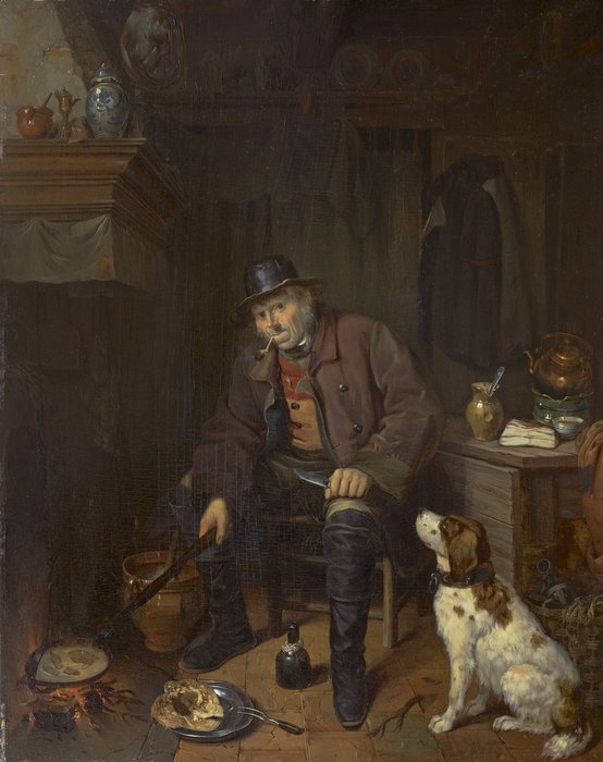 Johannes Antonius Canta (1816-1888) - An interior with a hunter and his dog