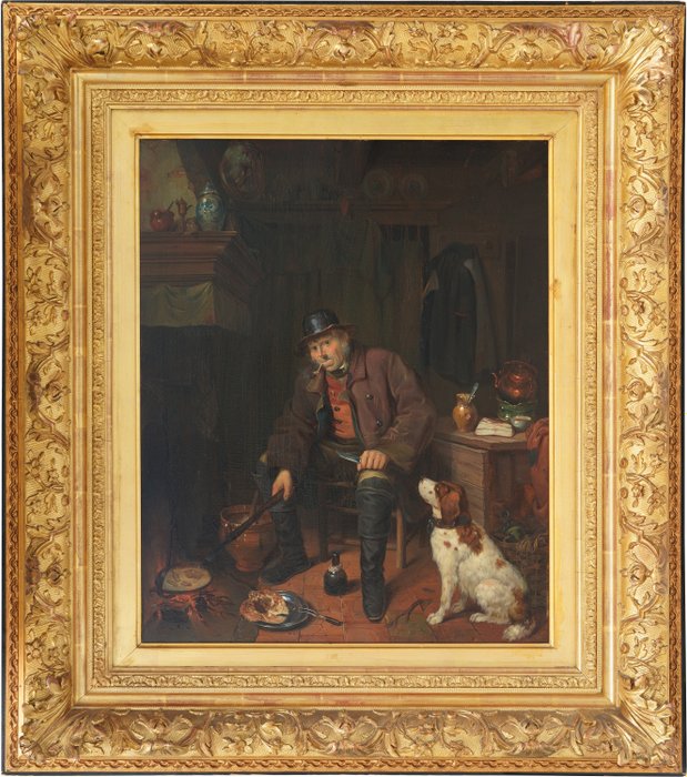 Johannes Antonius Canta (1816-1888) - An interior with a hunter and his dog