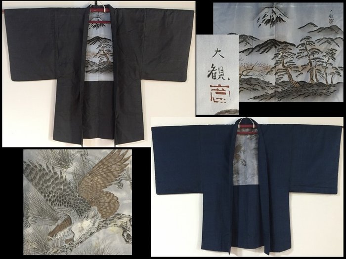 Sæt med 2 / Hawk / Landskab / Japansk vintage Kimono 羽織 HAURI-jakke - Silke - Japan - Showa periode - Heisei periode