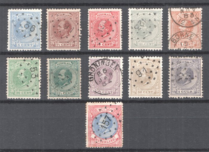 Holland 1872/1888 - Kong Willem III - med specialstempler herunder punktstempel 157 Boskoop på NVPH29 - NVPH 19/29