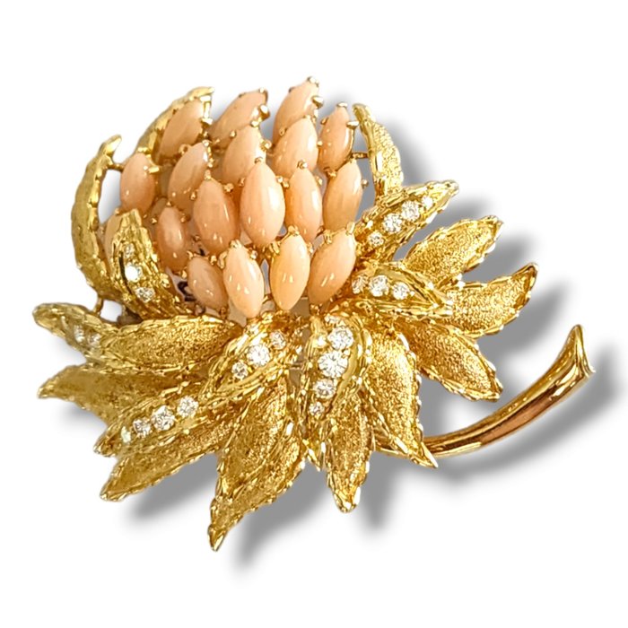 Broche - 18 kraat Gulguld, Kvinders orange vintage 18 k gul 1,0 Ct diamant- og koralblomstbroche Koral - Diamant