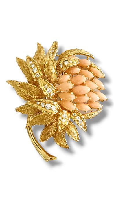 Broche - 18 kraat Gulguld Kvinders orange vintage 18 k gul 10 Ct diamant- og koralblomstbroche Koral - Diamant