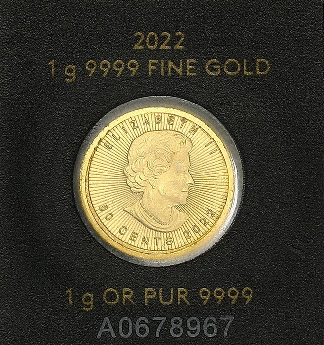 1 gram - Guld 999 - Mapple Leaf fine gold - Præget bar  (Ingen mindstepris)